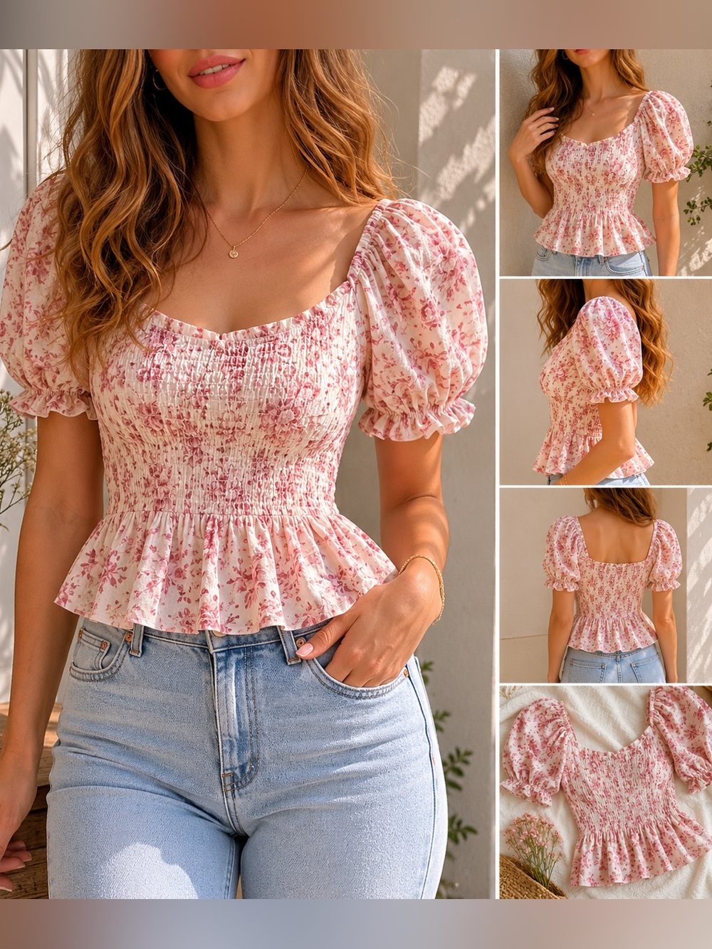 MINKPINK Pink Floral Smocked Peplum Blouse